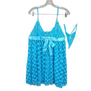 Music Legs Mesh Polka Dot Babydoll & G-String Women Size Q 16-18 D/DD‎ Blue Lace